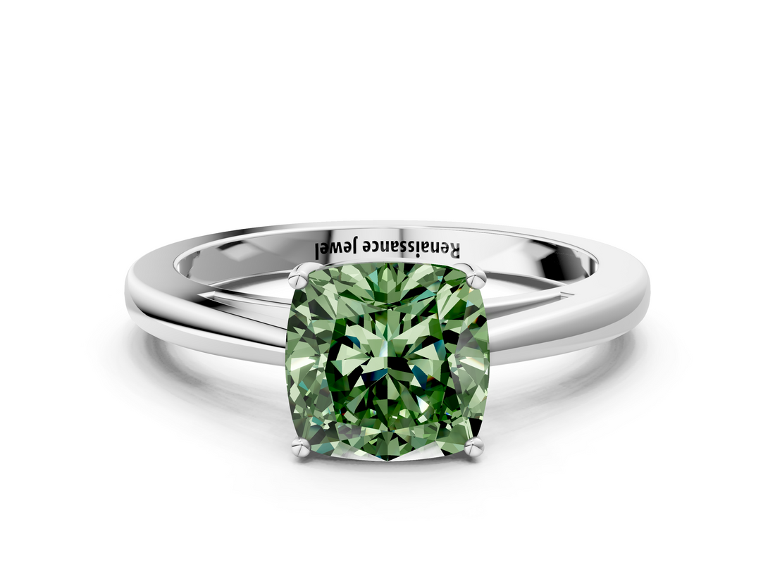 White gold Fancy Green Cushion  Solitaire Diamond Ring with Split Shank and Four-Prong Setting_20