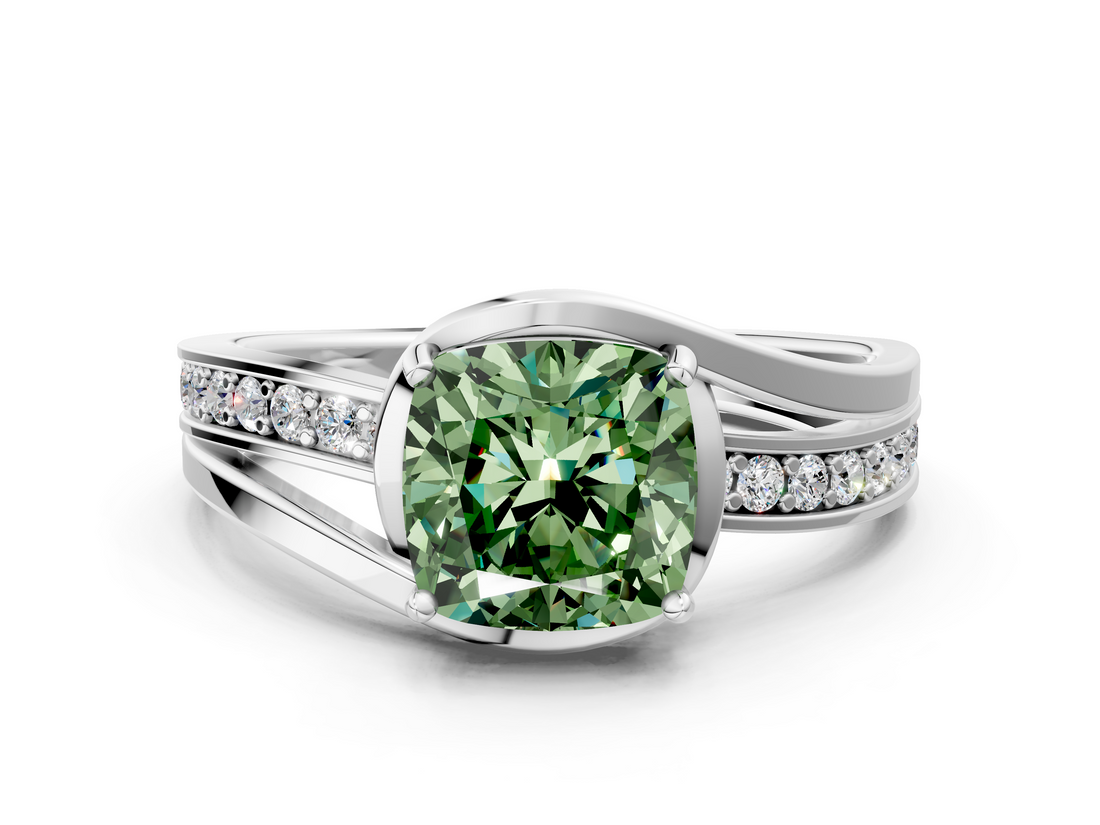 White gold Fancy Green Cushion  Solitaire Diamond Ring with Split Shank and Prong Setting_41