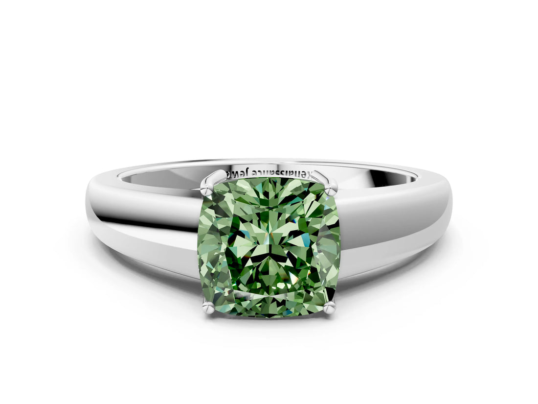 White gold Fancy Green Cushion  Solitaire Diamond Ring with Tapered Band and Four-Prong Setting_49