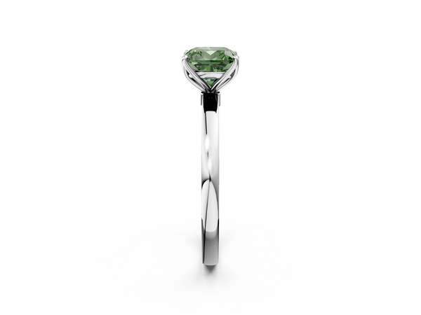 White gold Fancy Green Cushion  Solitaire Diamond Ring with Thin Band and Four-Prong Setting