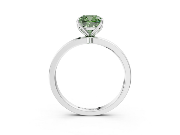 White gold Fancy Green Cushion  Solitaire Diamond Ring with Thin Band and Four-Prong Setting