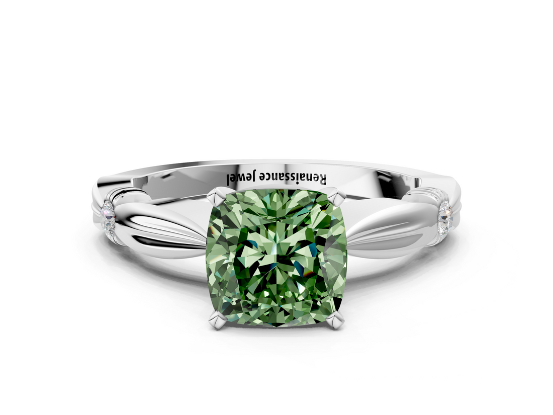 White gold Fancy Green Cushion  Solitaire Diamond Twisted Band with Four-Prong Setting_119