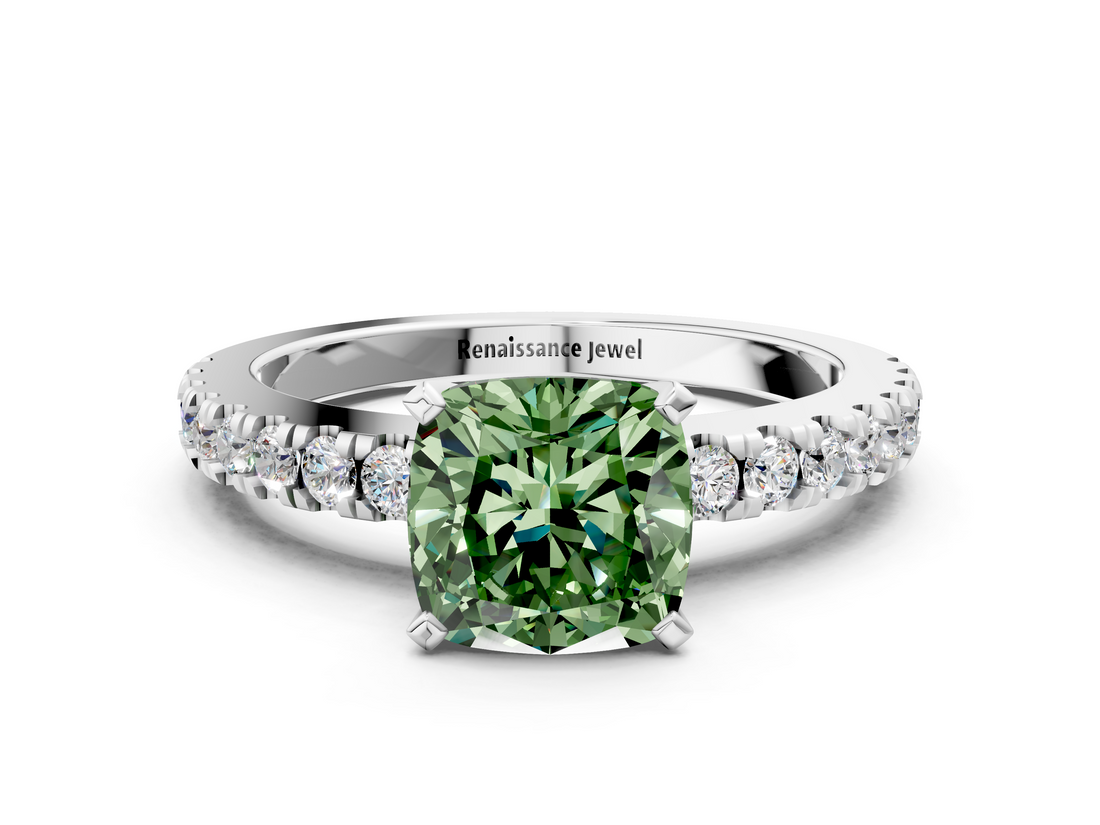 White gold Fancy Green Cushion  Solitaire Diamond with Pavé Band and Four-Prong Setting_48
