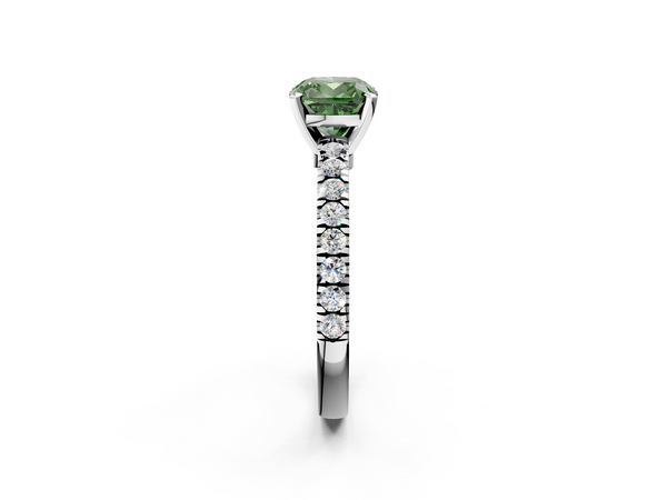 White gold Fancy Green Cushion  Solitaire Diamond with Pavé Band and Four-Prong Setting