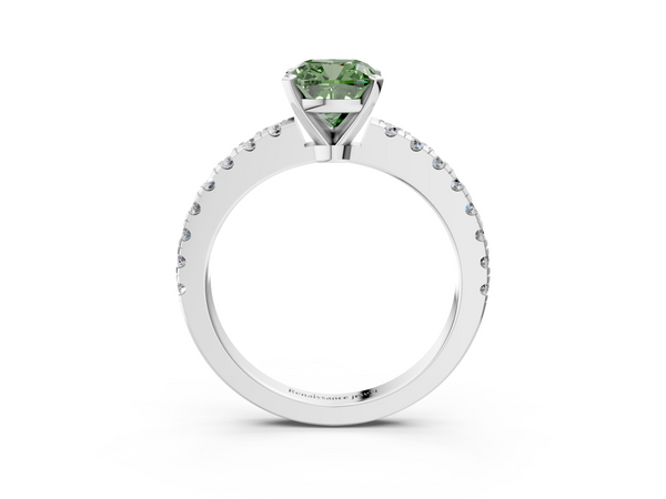 White gold Fancy Green Cushion  Solitaire Diamond with Pavé Band and Four-Prong Setting