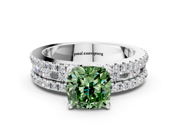 White gold Fancy Green Cushion Cut Diamond Solitaire Ring with Pavé and Channel Set Band