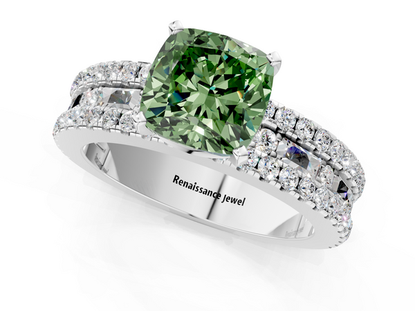 White gold Fancy Green Cushion Cut Diamond Solitaire Ring with Pavé and Channel Set Band