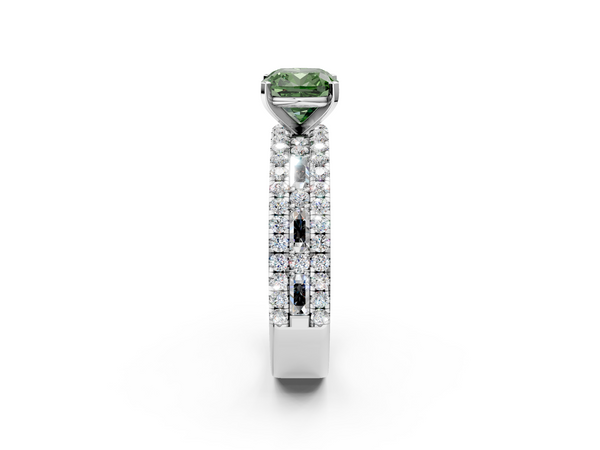 White gold Fancy Green Cushion Cut Diamond Solitaire Ring with Pavé and Channel Set Band