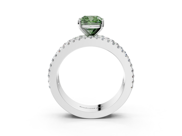 White gold Fancy Green Cushion Cut Diamond Solitaire Ring with Pavé and Channel Set Band