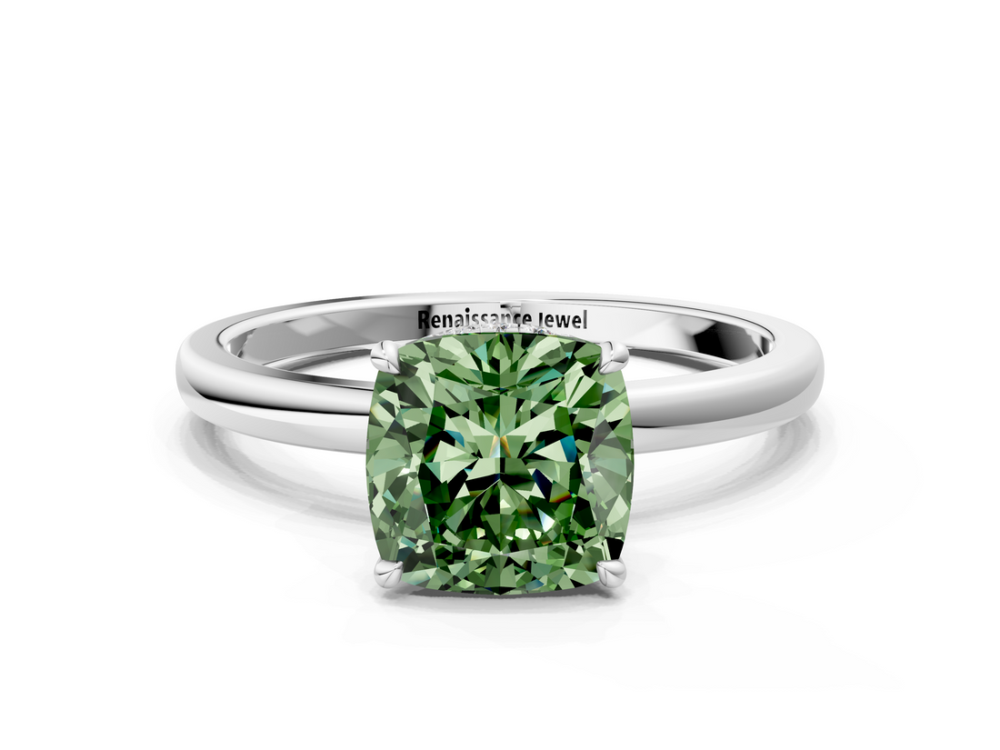 White gold Fancy Green Cushion  Solitaire Engagement Ring with Cathedral Band and Four-Prong Setting_17