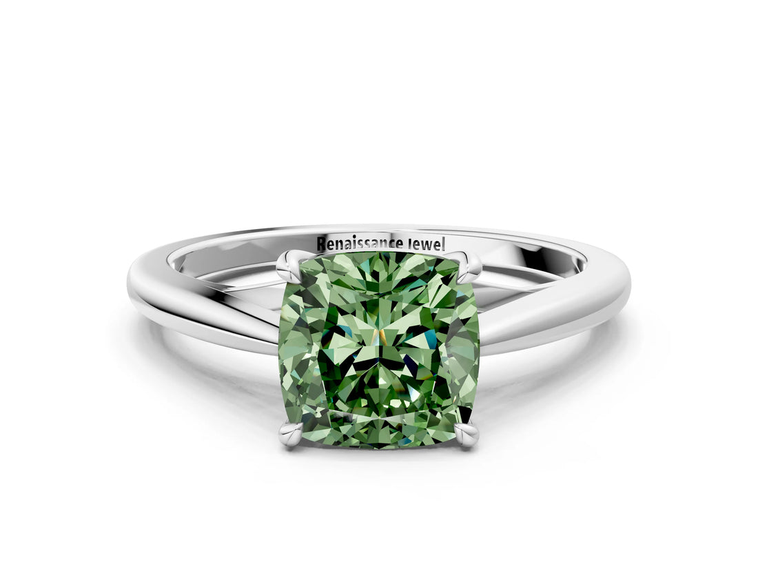White gold Fancy Green Cushion  Solitaire Engagement Ring with Four-Prong Setting and Classic Band