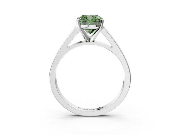 White gold Fancy Green Cushion  Solitaire Engagement Ring with Four-Prong Setting and Tapered Band