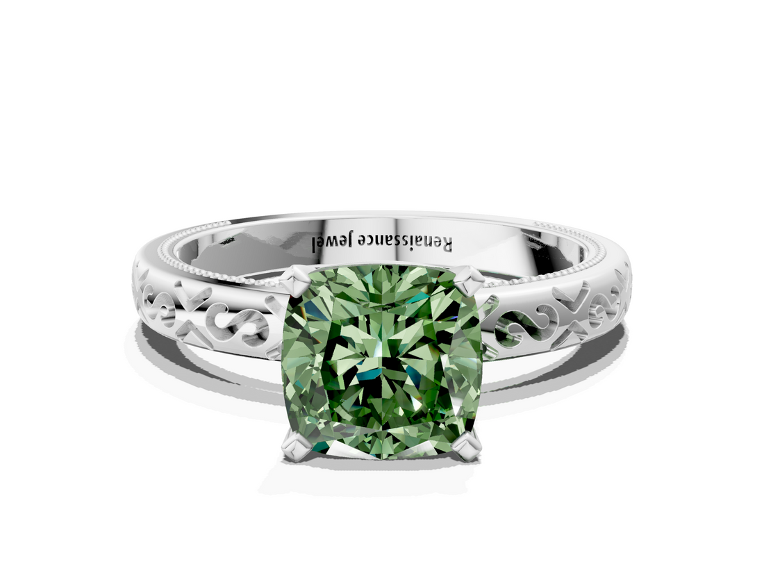 White gold Fancy Green Cushion  Solitaire Engagement Ring with Scrollwork Band and Four-Prong Setting_130