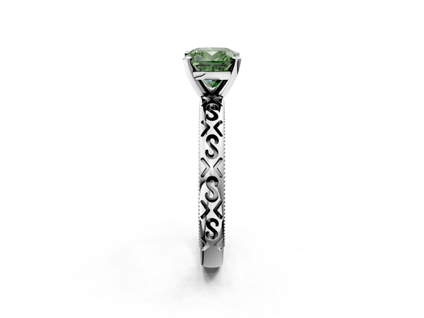 Platinum Fancy Green Cushion  Solitaire Engagement Ring with Scrollwork Band and Four-Prong Setting