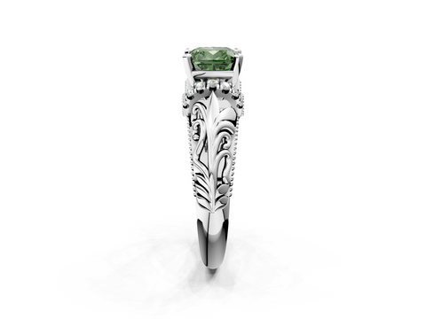 White gold Fancy Green Cushion  Solitaire Filigree Engagement Ring with Halo and Prong Setting_59