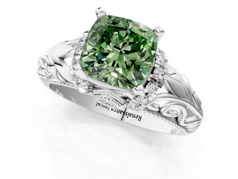 White gold Fancy Green Cushion  Solitaire Filigree Engagement Ring with Halo and Prong Setting_60