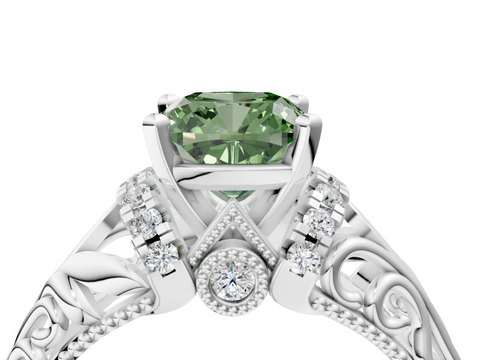 White gold Fancy Green Cushion  Solitaire Filigree Engagement Ring with Halo and Prong Setting_61