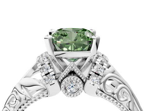 White gold Fancy Green Cushion  Solitaire Filigree Engagement Ring with Halo and Prong Setting_62