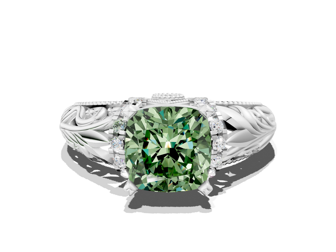 White gold Fancy Green Cushion  Solitaire Filigree Engagement Ring with Halo and Prong Setting_63