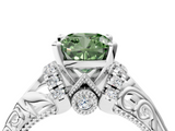 White gold Fancy Green Cushion  Solitaire Filigree Engagement Ring with Halo and Prong Setting_68