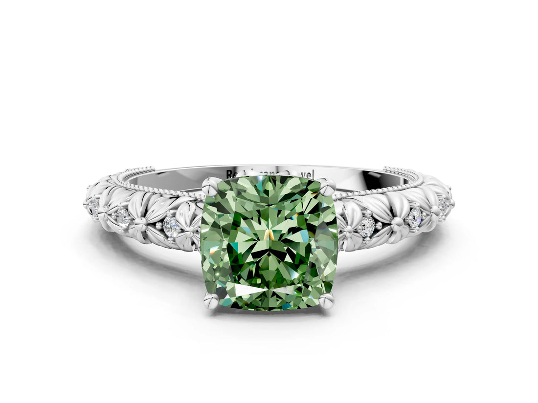 White gold Fancy Green Cushion  Solitaire Floral Milgrain Engagement Ring_50