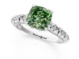 White gold Fancy Green Cushion  Solitaire Floral Milgrain Engagement Ring_51