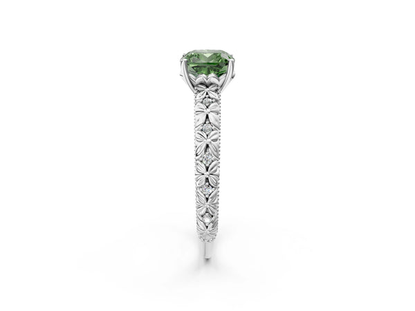 Platinum Fancy Green Cushion  Solitaire Floral Milgrain Engagement Ring