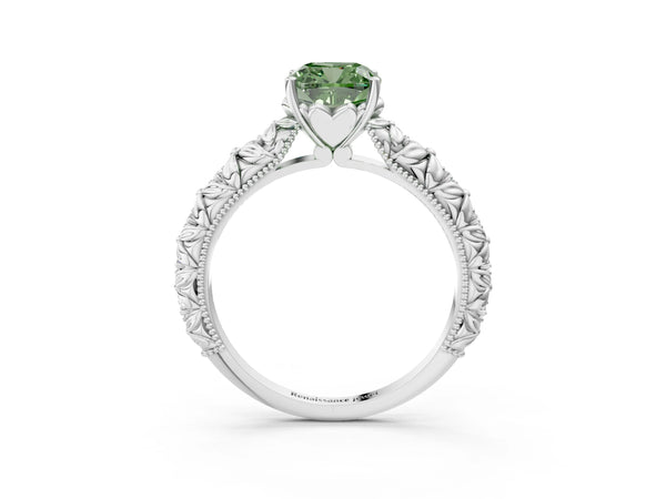 Platinum Fancy Green Cushion  Solitaire Floral Milgrain Engagement Ring