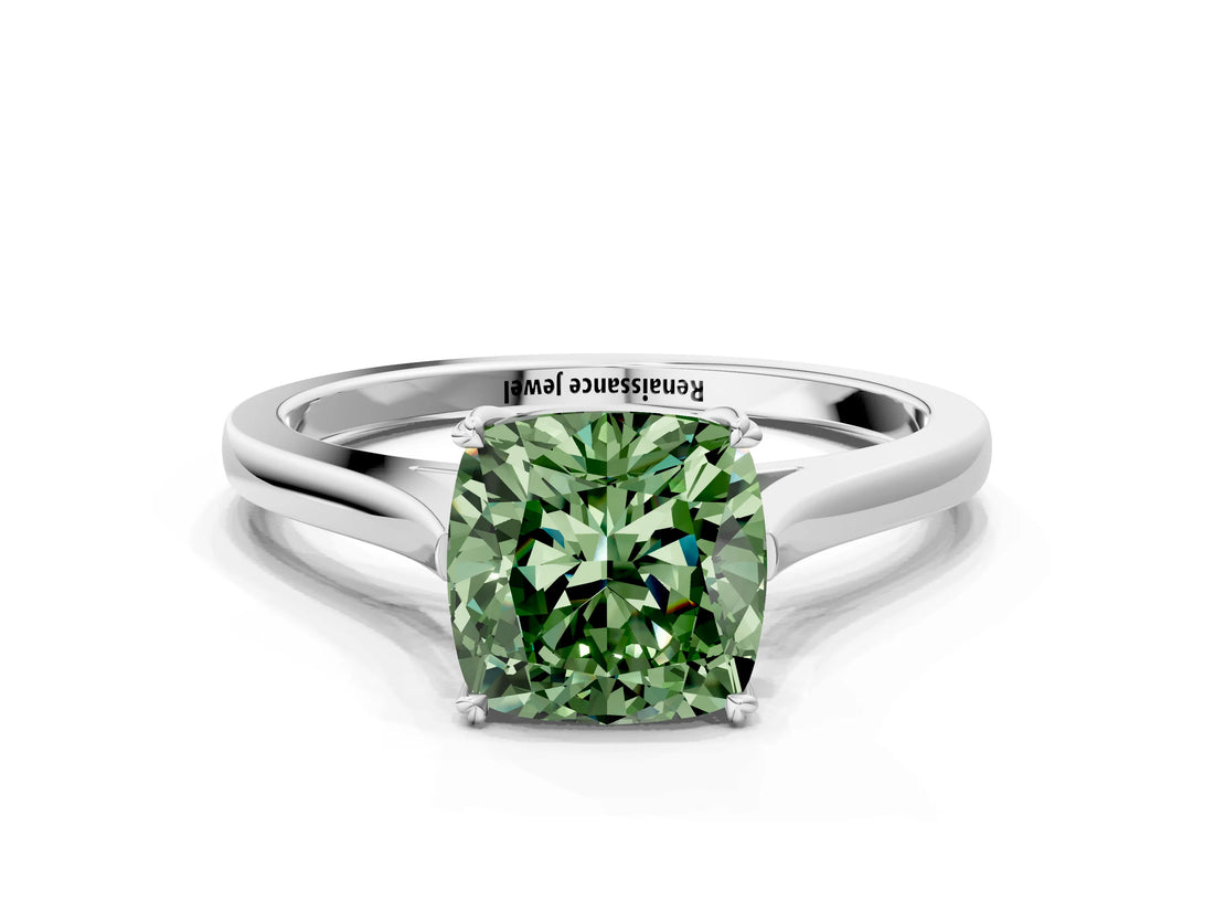 White gold Fancy Green Cushion  Solitaire Heart Prong Engagement Ring with Tapered Band_72