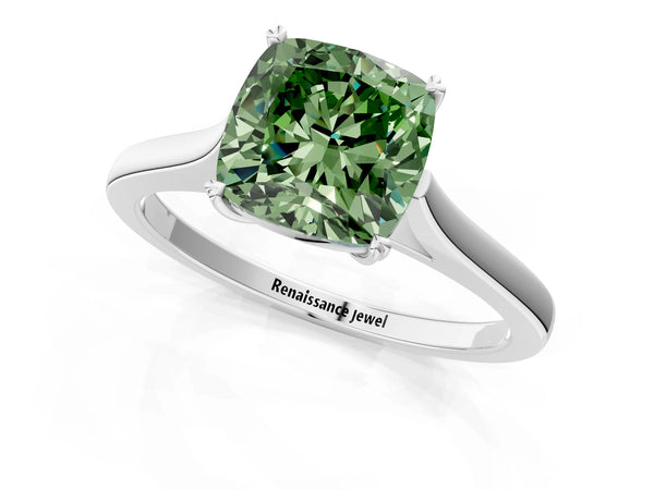 White gold Fancy Green Cushion  Solitaire Heart Prong Engagement Ring with Tapered Band