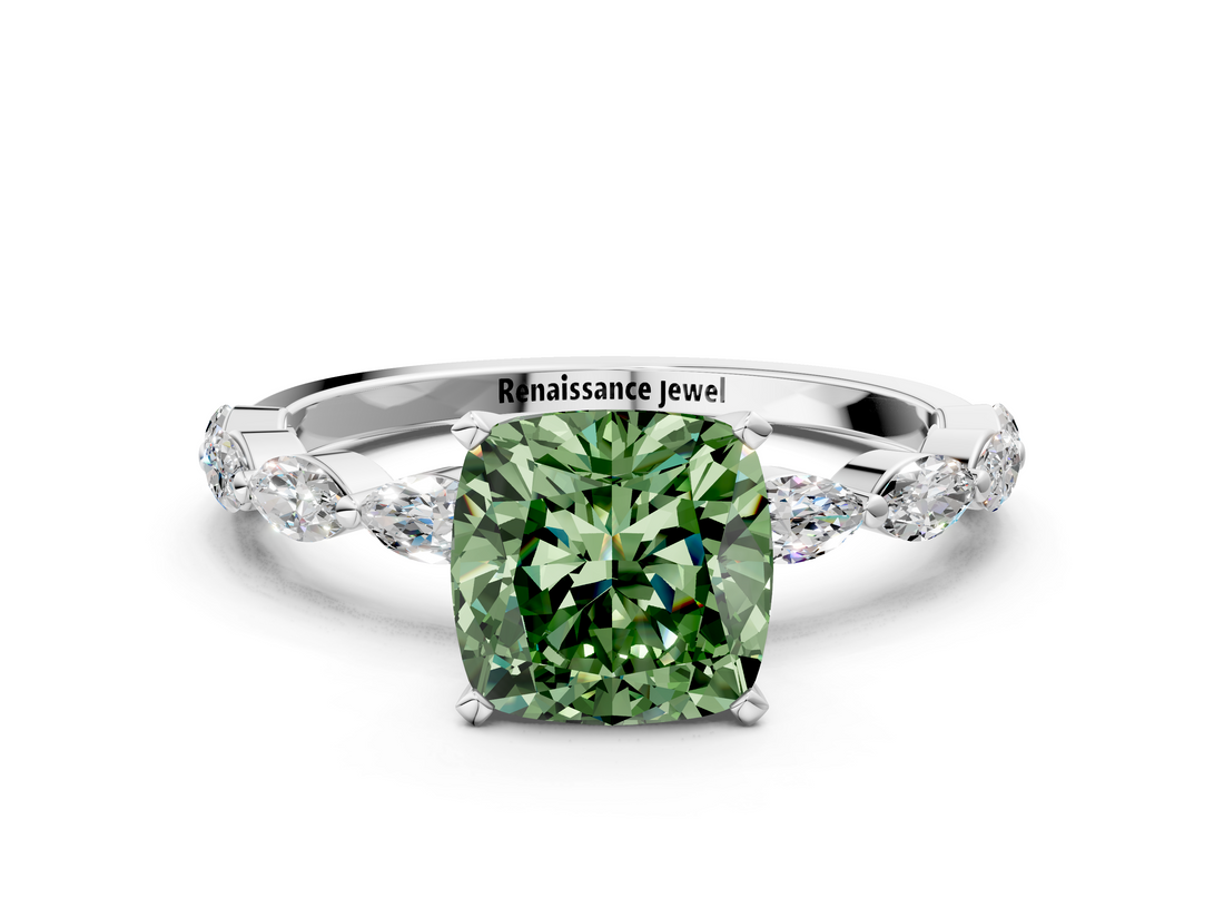 White gold Fancy Green Cushion  Solitaire Marquise Side Stone Prong Setting Ring_44