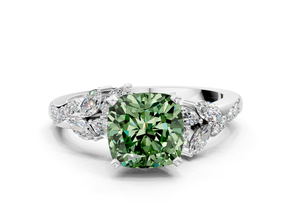 Platinum Fancy Green Cushion  Solitaire Marquise Twist Band with Six-Prong Setting