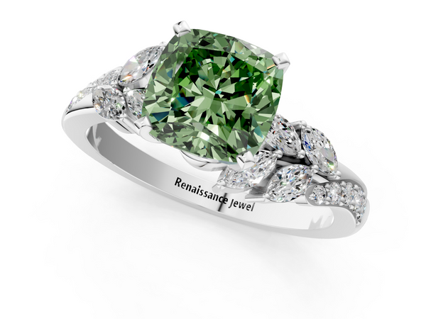 Platinum Fancy Green Cushion  Solitaire Marquise Twist Band with Six-Prong Setting