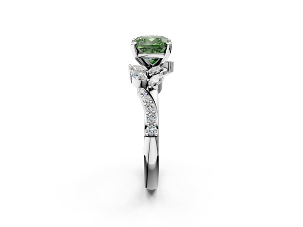 Platinum Fancy Green Cushion  Solitaire Marquise Twist Band with Six-Prong Setting
