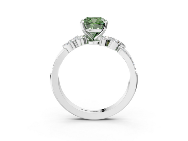 Platinum Fancy Green Cushion  Solitaire Marquise Twist Band with Six-Prong Setting