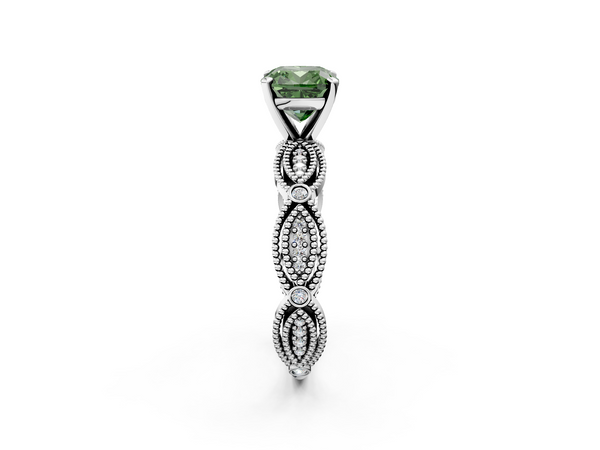 Platinum Fancy Green Cushion  Solitaire Milgrain Diamond Engagement Ring with Bezel and Marquise Band