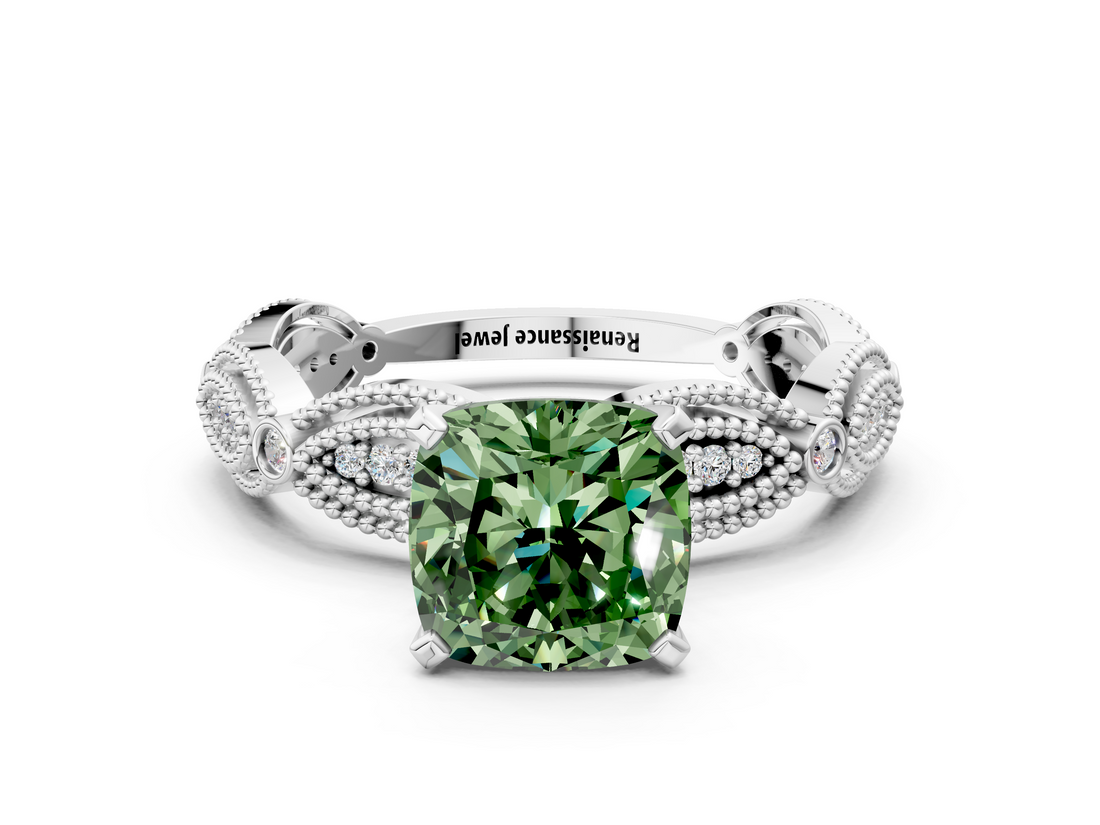 White gold Fancy Green Cushion  Solitaire Milgrain Diamond Engagement Ring with Bezel and Marquise Band_71