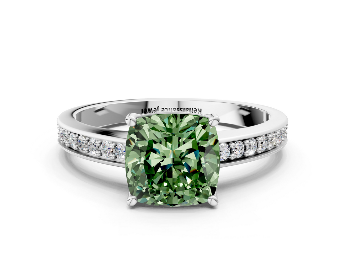 White gold Fancy Green Cushion  Solitaire Pavé Band Prong Setting Ring_20