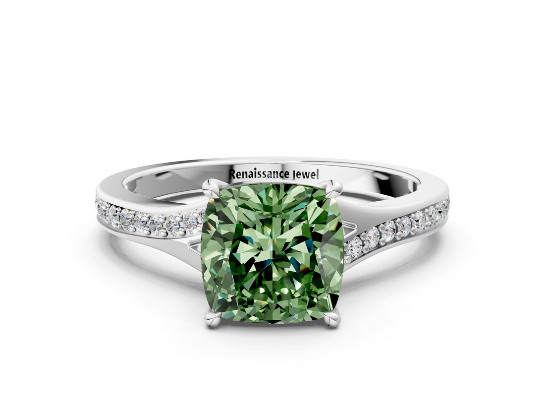 White gold Fancy Green Cushion  Solitaire Pavé Band with Four-Prong Setting_42
