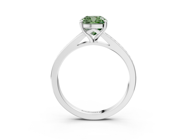 Platinum Fancy Green Cushion Cut Diamond Solitaire Ring with Pavé Band and Prong Setting