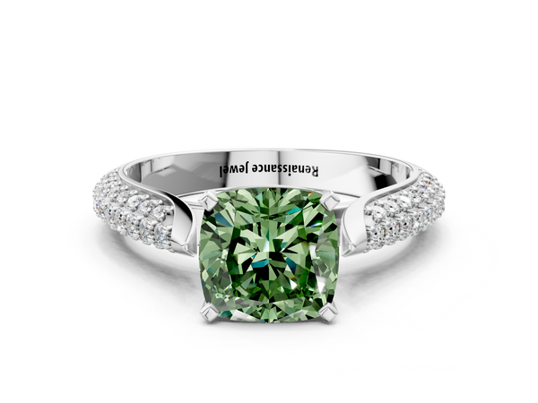 White gold Fancy Green Cushion  Diamond Solitaire Engagement Ring with Pavé Band and Four-Prong Setting
