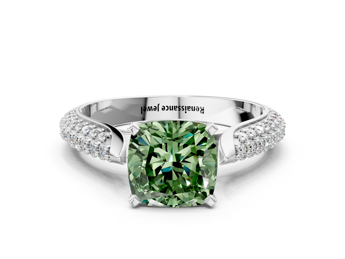 White gold Fancy Green Cushion  Solitaire Pavé Diamond Engagement Ring with Four-Prong Setting_151