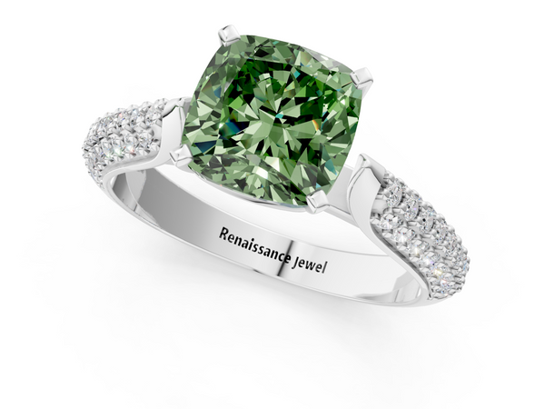 White gold Fancy Green Cushion  Diamond Solitaire Engagement Ring with Pavé Band and Four-Prong Setting