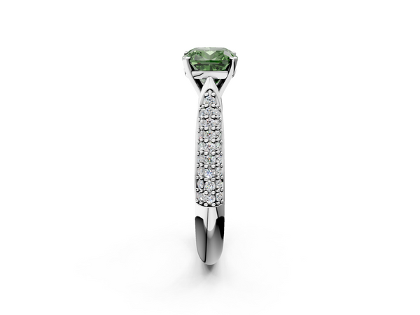 White gold Fancy Green Cushion  Diamond Solitaire Engagement Ring with Pavé Band and Four-Prong Setting