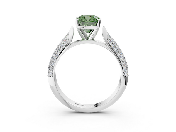 White gold Fancy Green Cushion  Diamond Solitaire Engagement Ring with Pavé Band and Four-Prong Setting