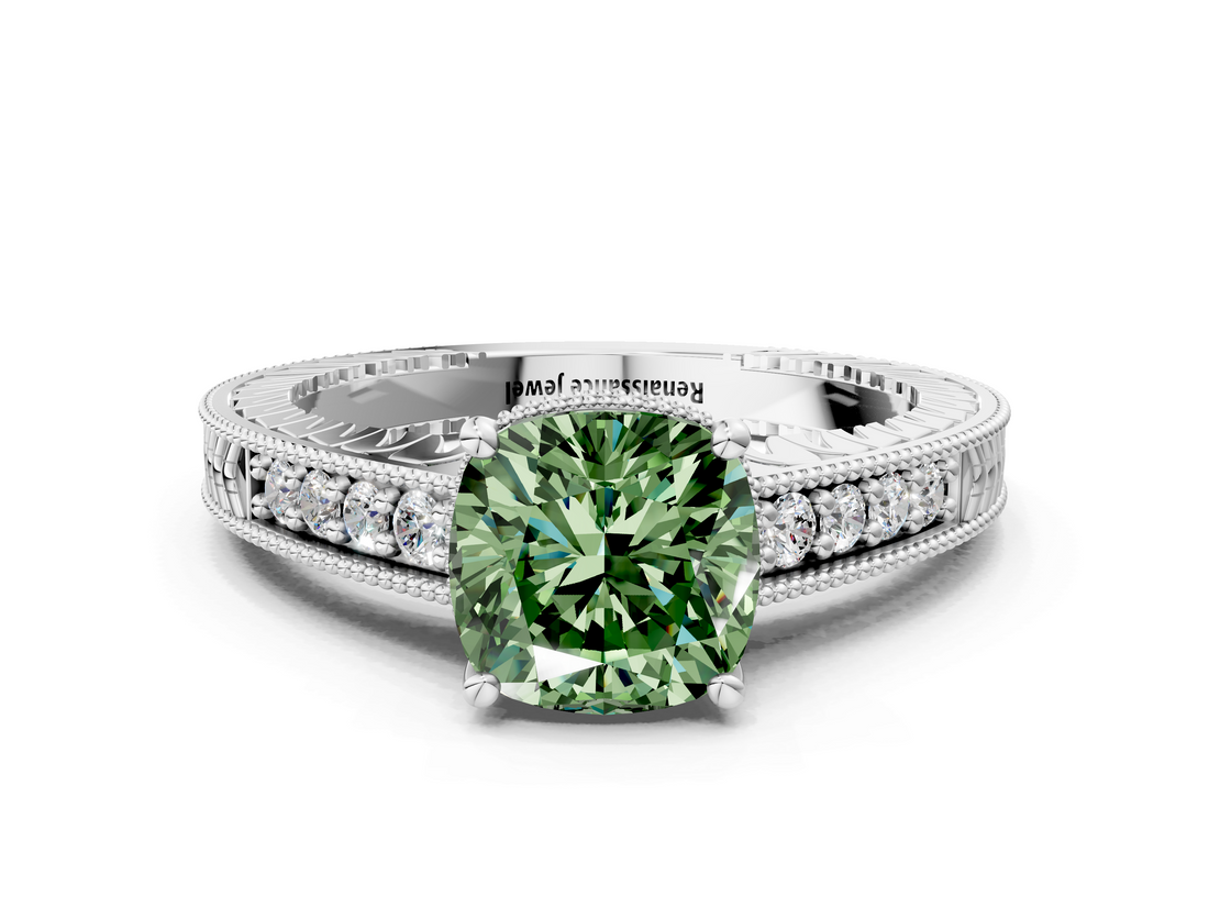 White gold Fancy Green Cushion  Solitaire Pavé Diamond Milgrain Engagement Ring with Four-Prong Setting_3