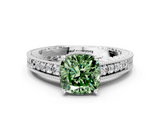 White gold Fancy Green Cushion  Solitaire Pavé Diamond Milgrain Engagement Ring with Four-Prong Setting_3