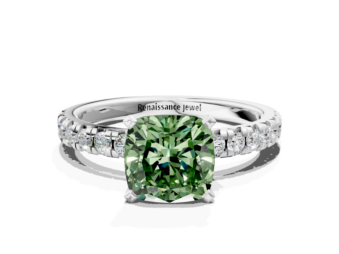 White gold Fancy Green Cushion  Solitaire Pave Diamond Engagement Ring with Four-Prong Setting_347