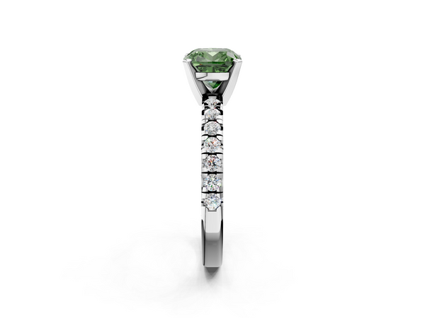 White gold Fancy Green Cushion  Solitaire Pave Diamond Engagement Ring with Four-Prong Setting