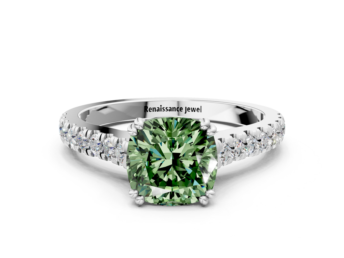 White gold Fancy Green Cushion  Solitaire Pave Diamond Engagement Ring with Prong Setting_20